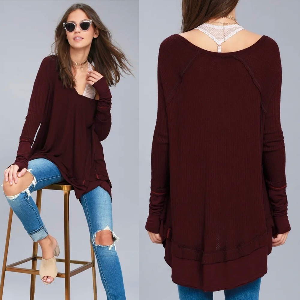 Free People Laguna‎ Oversized Waffle Knit Thermal Sweater Top Size XS Burgundy